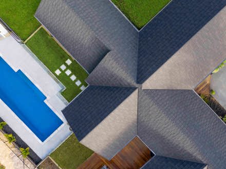 CF Shake, Charcoal Blend, New Build, New Roof, Architecturally Designed, Pool, Aerial View