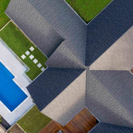 CF Shake, Charcoal Blend, New Build, New Roof, Architecturally Designed, Pool, Aerial View